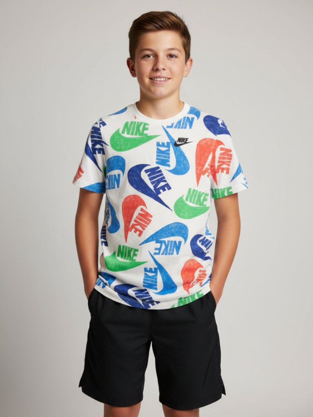 Nike Boys XL Sportswear Marker Mash Over-All Print T-Shirt White Multi-Color